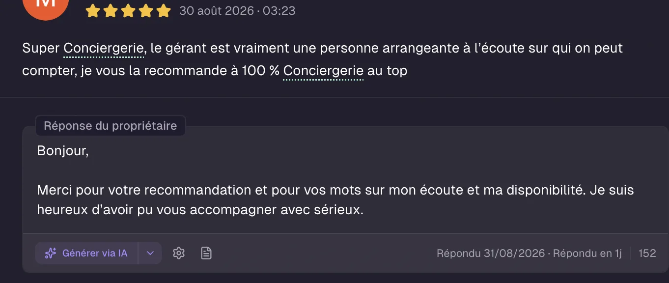 Réponse automatique générée par l'IA de Localnord sur un avis 5 étoiles