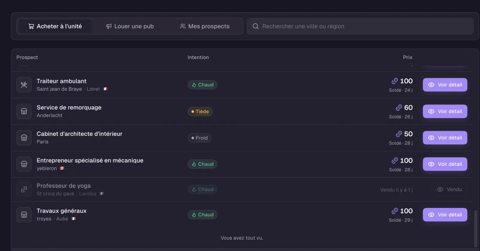 Marketplace de prospects Localnord avec intention d'achat et prix par lead
