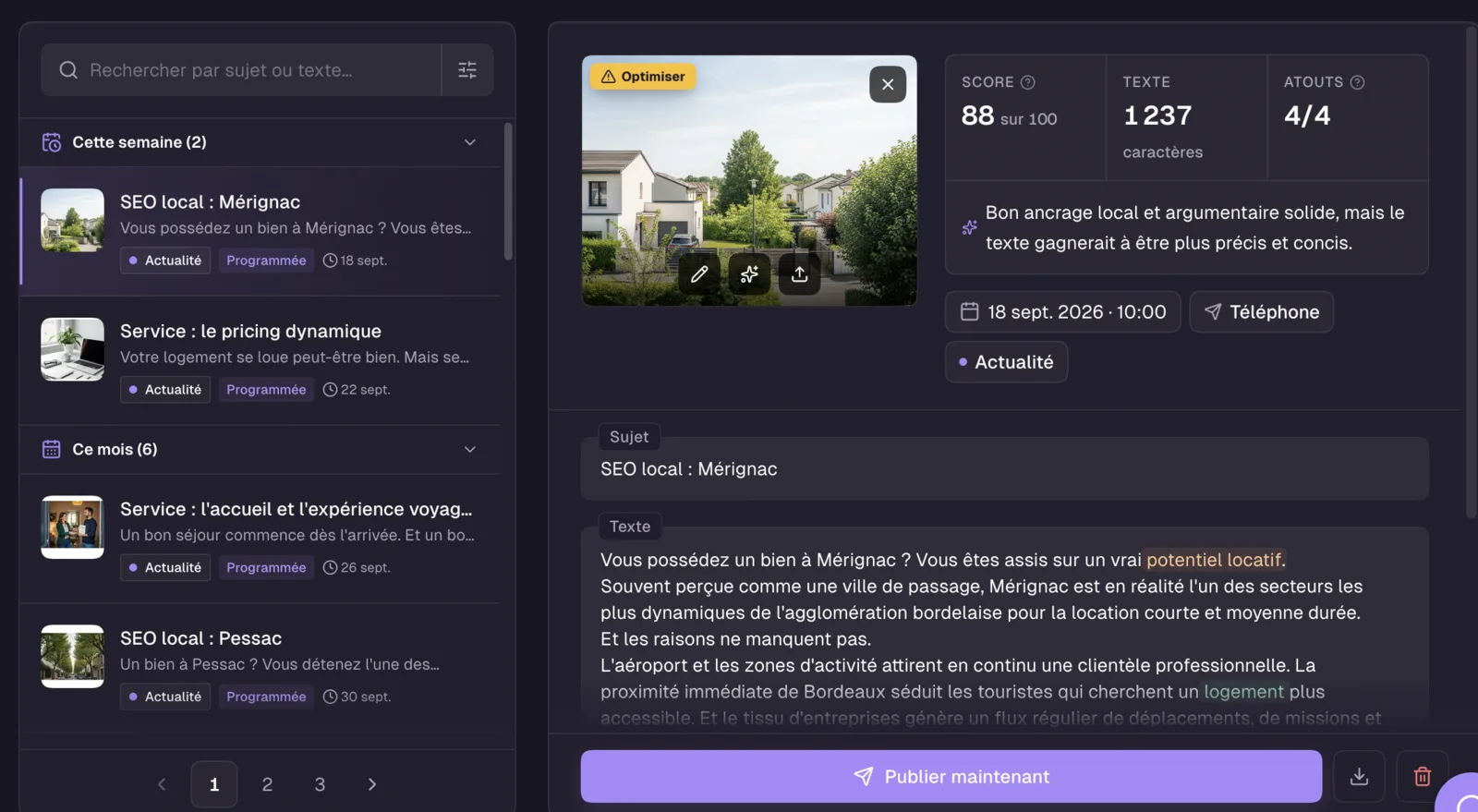 Interface de programmation des Google Posts sur Localnord, avec score de qualité