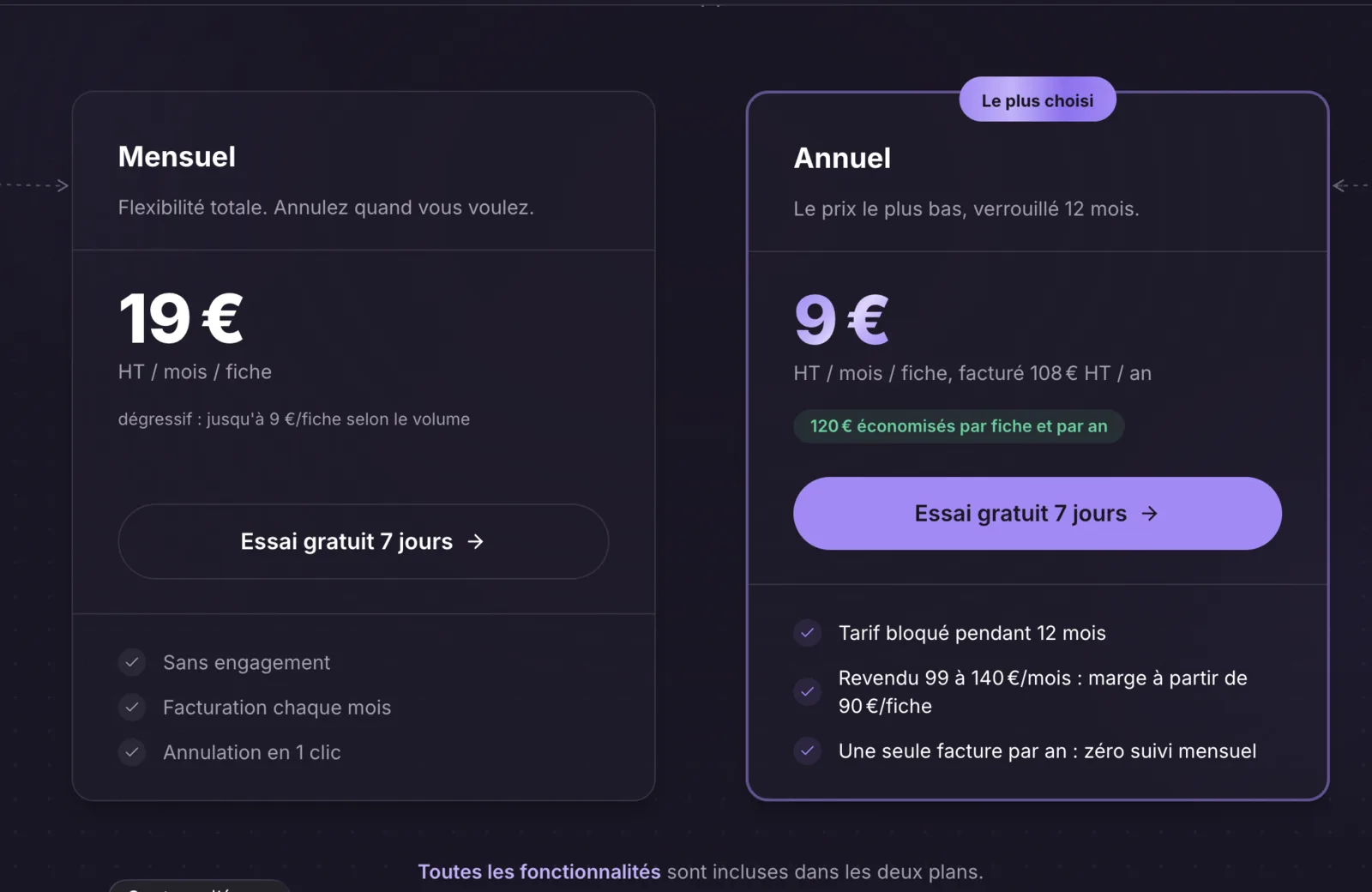 Page tarifs Localnord : 19 euros par mois sans engagement ou 9 euros par mois avec engagement annuel